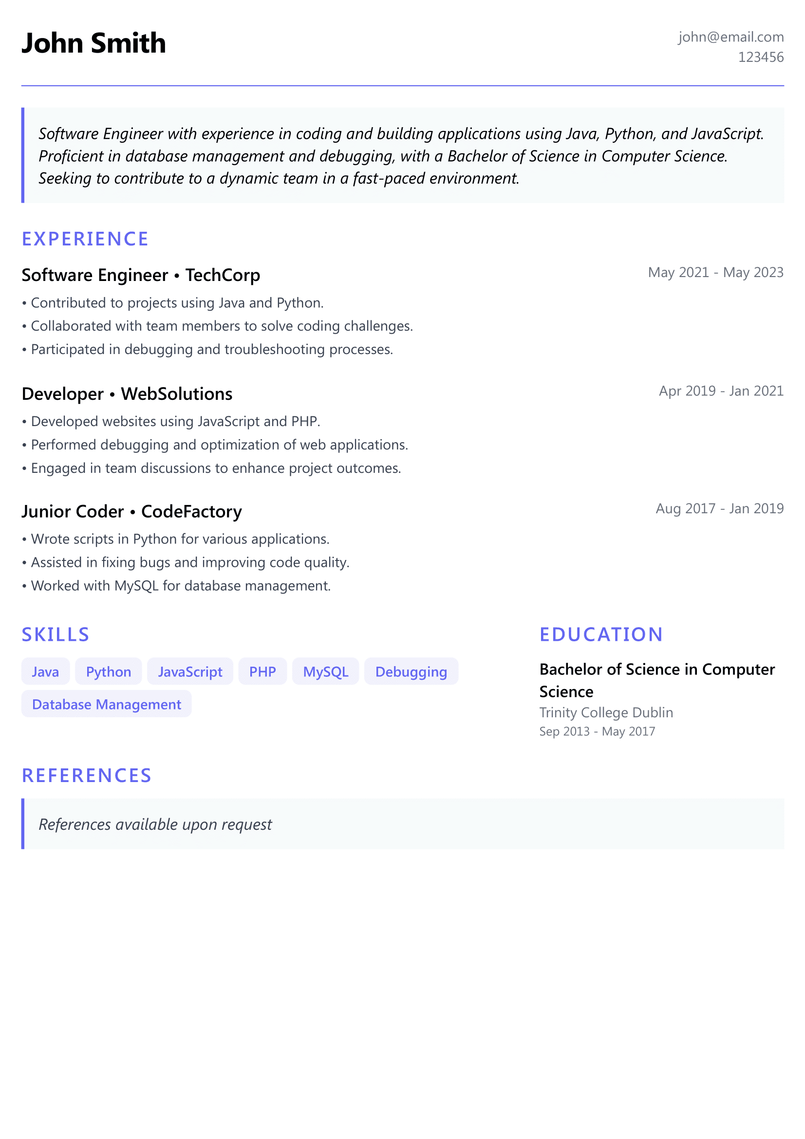 After CV example generated by Smart Resume
